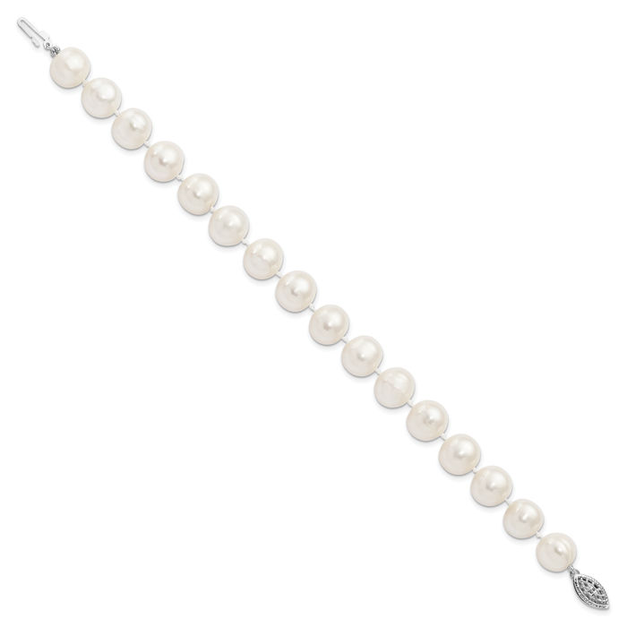 925 Sterling Silver 10mm White Near Round Freshwater Cultured Pearl Chain Bracelet