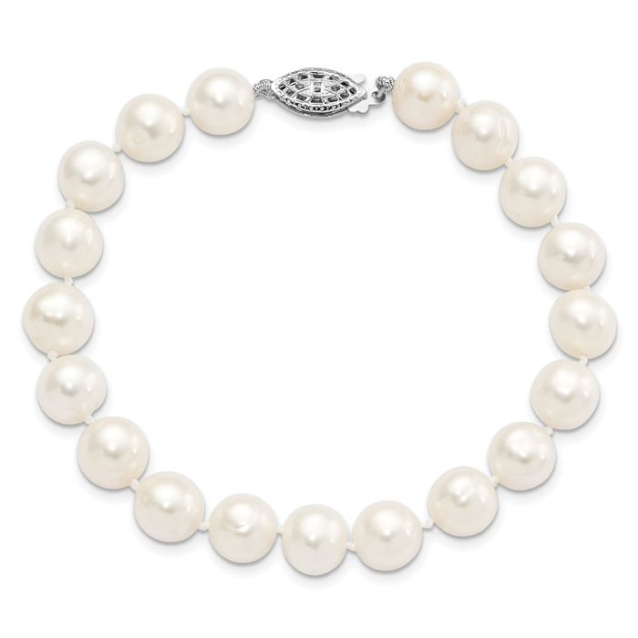 925 Sterling Silver 9mm White Round Freshwater Cultured Pearl Chain Bracelet - Picture 9 of 12