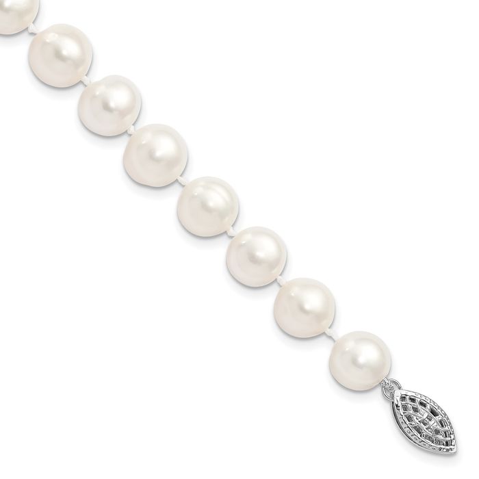 925 Sterling Silver 9mm White Round Freshwater Cultured Pearl Chain Bracelet - Picture 10 of 12