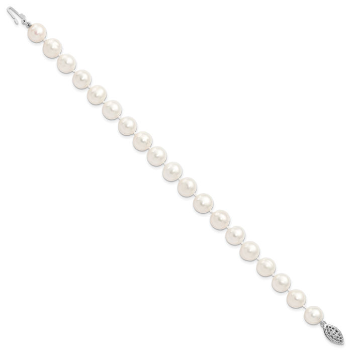 925 Sterling Silver 9mm White Near Round Freshwater Cultured Pearl Chain Bracelet