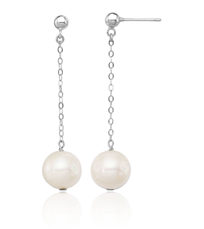 925 Sterling Silver 10mm White Round Freshwater Cultured Pearl Drop Dangle Earrings