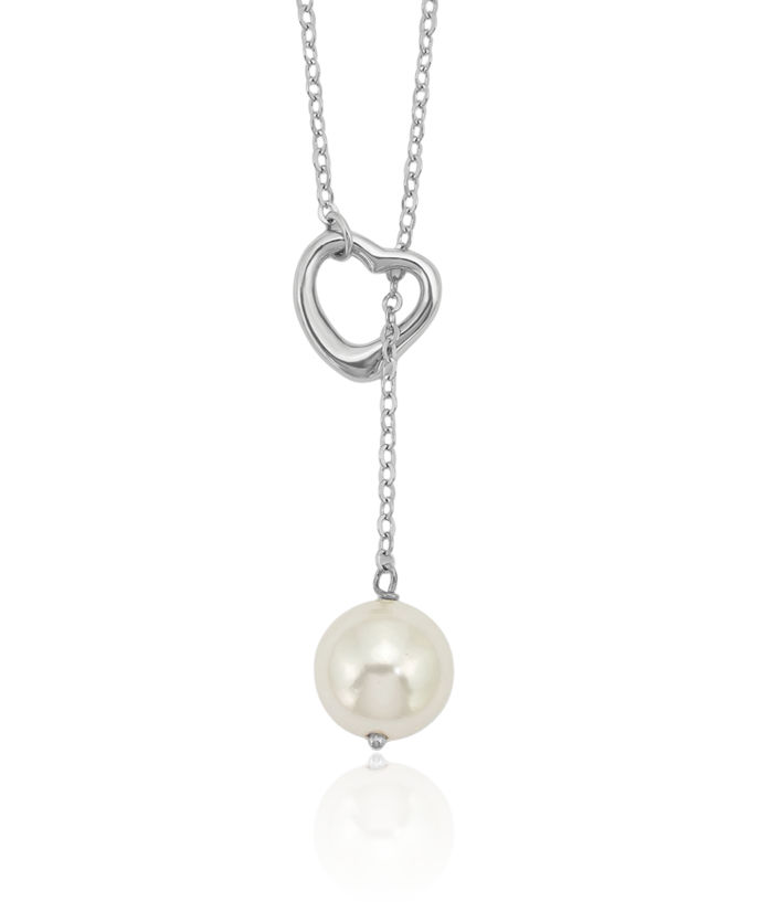 925 Sterling Silver 10mm White Round Shell Pearl Heart Necklace Love Pendant Friendship Charm Chain