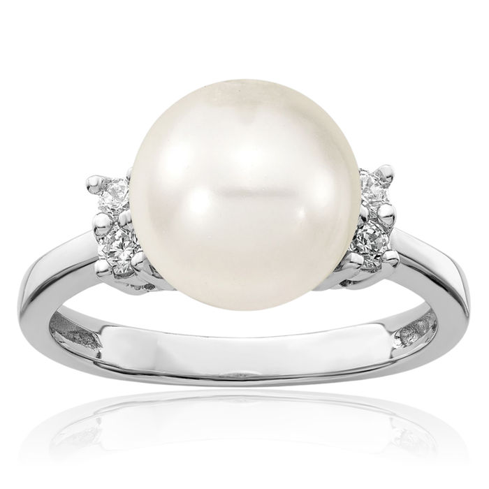 925 Sterling Silver 10mm White Shell Pearl Cubic Zirconia CZ Ring