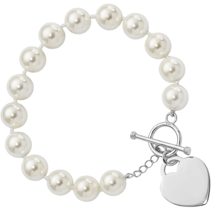 925 Sterling Silver 10mm White Shell Pearl Engraved Personalized Heart Chain Charm Bracelet