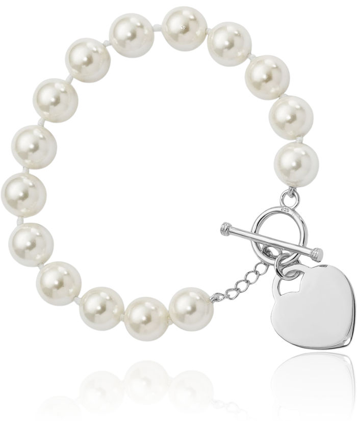 925 Sterling Silver 10mm White Shell Pearl Engraved Personalized Heart Chain Charm Bracelet