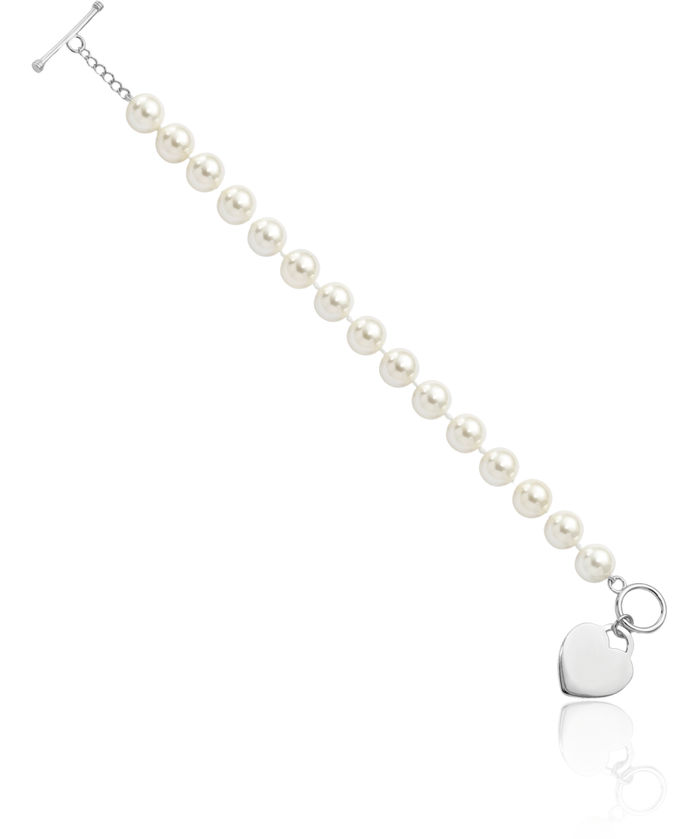 925 Sterling Silver 10mm White Shell Pearl Engraved Personalized Heart Chain Charm Bracelet