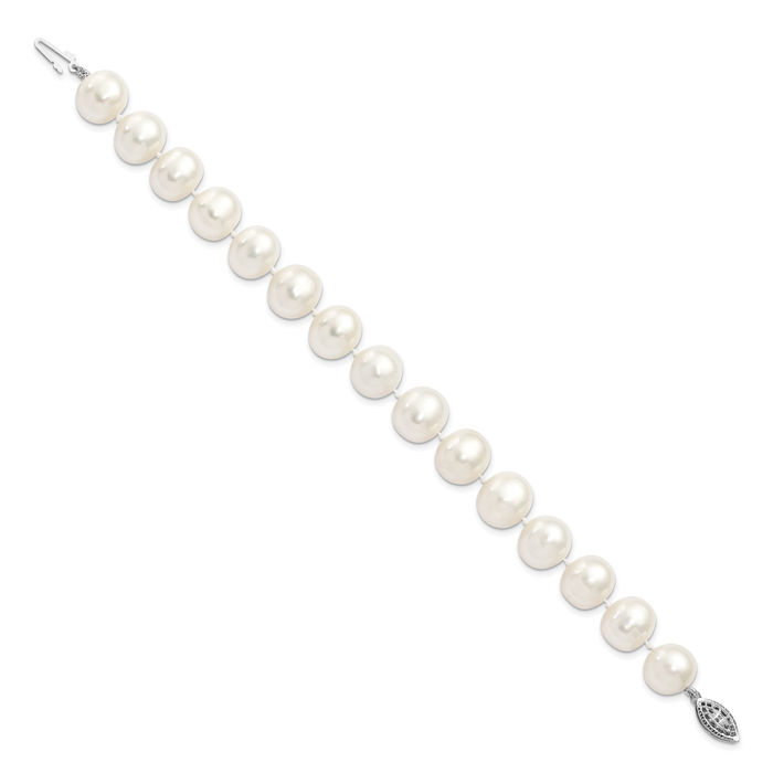 925 Sterling Silver 11mm White Near Round Freshwater Cultured Pearl Chain Bracelet