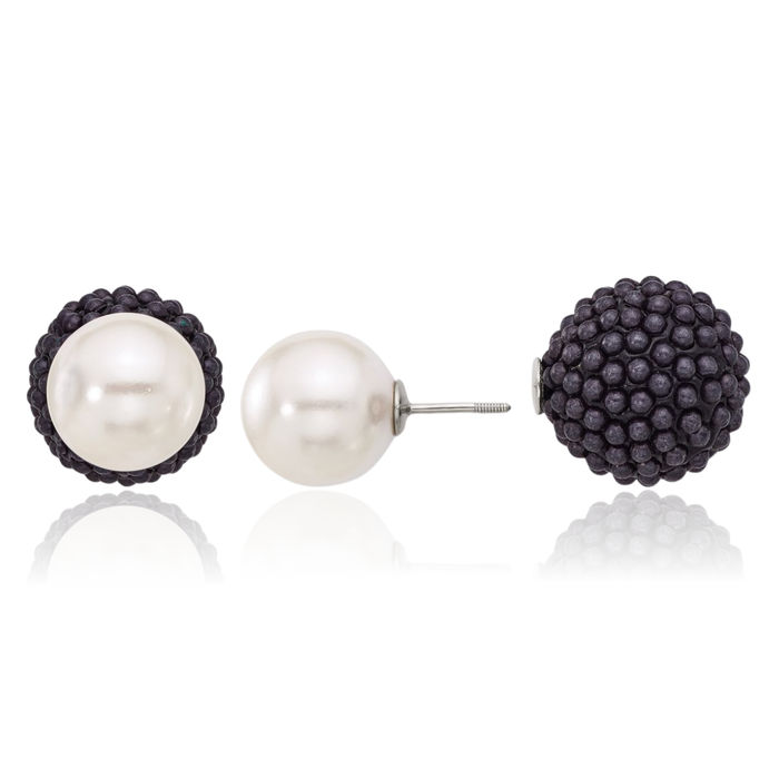 925 Sterling Silver 11mm White Black Imitation Shell Pearl Stud Earrings