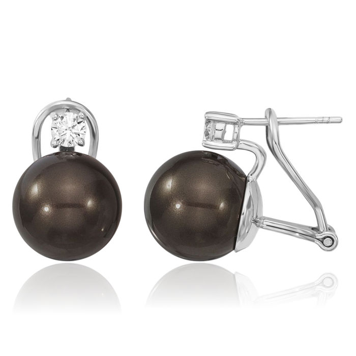 925 Sterling Silver 12mm Black Shell Pearl Cubic Zirconia CZ Omega Clip Back Post Stud Earrings