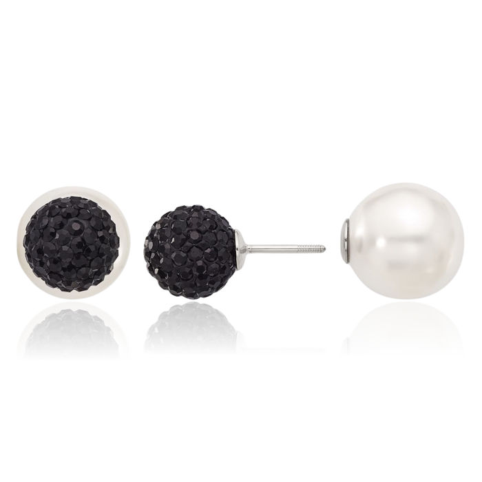 925 Sterling Silver 12mm Imitation Shell Pearl 10mm Black Rhinestone Crystals Stud Earrings