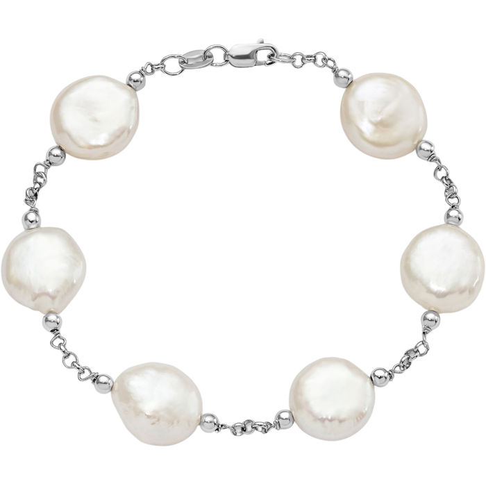 925 Sterling Silver 12mm White Coin Freshwater Cultured Pearl 6 Station Chain Bracelet