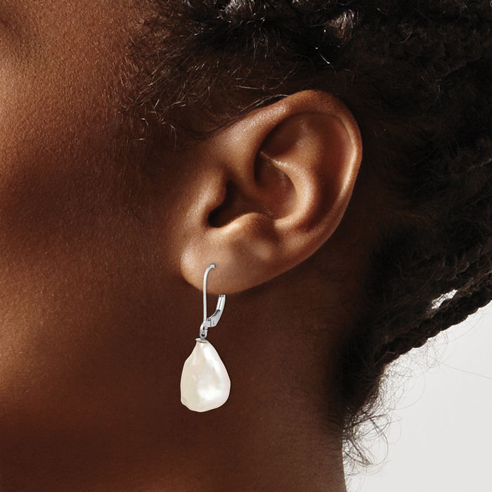 925 Sterling Silver 13 White Keshi Freshwater Cultured Pearl Drop Dangle Earrings