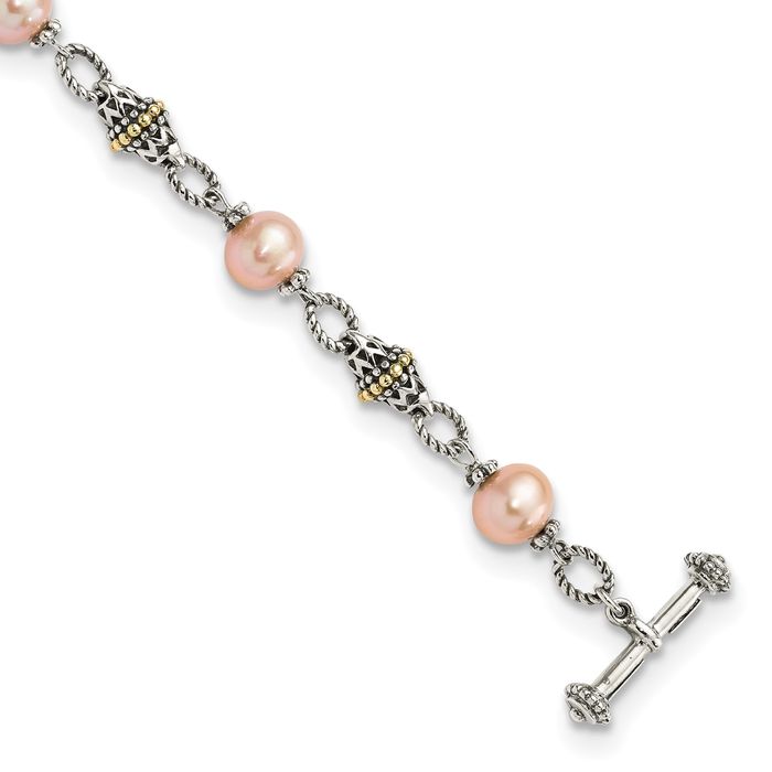 925 Sterling Silver Vintage 9mm Freshwater Cultured Pink Pearl Chain Bracelet