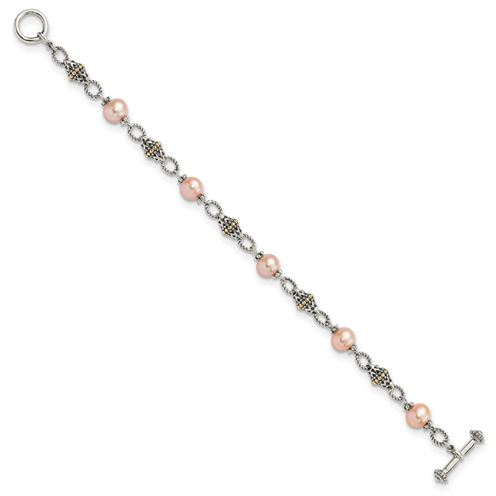 925 Sterling Silver Vintage 9mm Freshwater Cultured Pink Pearl Chain Bracelet