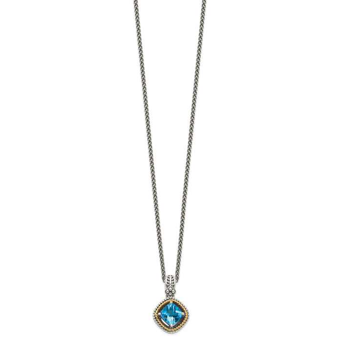 925 Sterling Silver Vintage Cushion-Cut Swiss Blue Topaz Chain Necklace Gemstone Pendant Charm