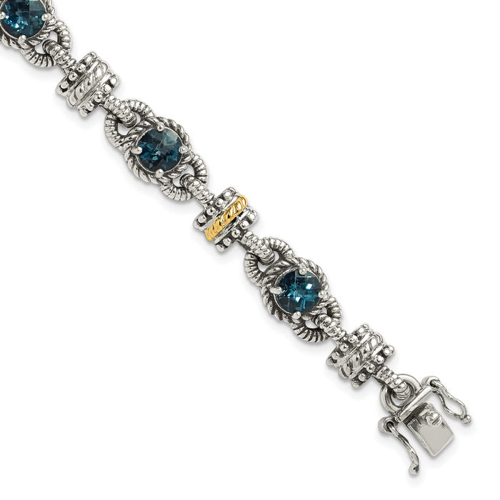 925 Sterling Silver Vintage Round London Blue Topaz Chain Gemstone Tennis Bracelet