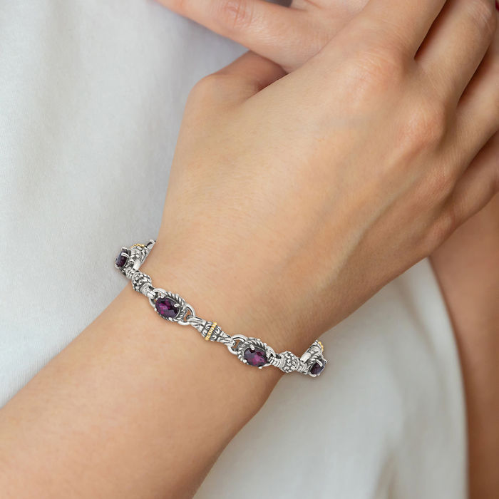 925 Sterling Silver Vintage Rhodolite Oval Garnet Chain Gemstone Tennis Bracelet