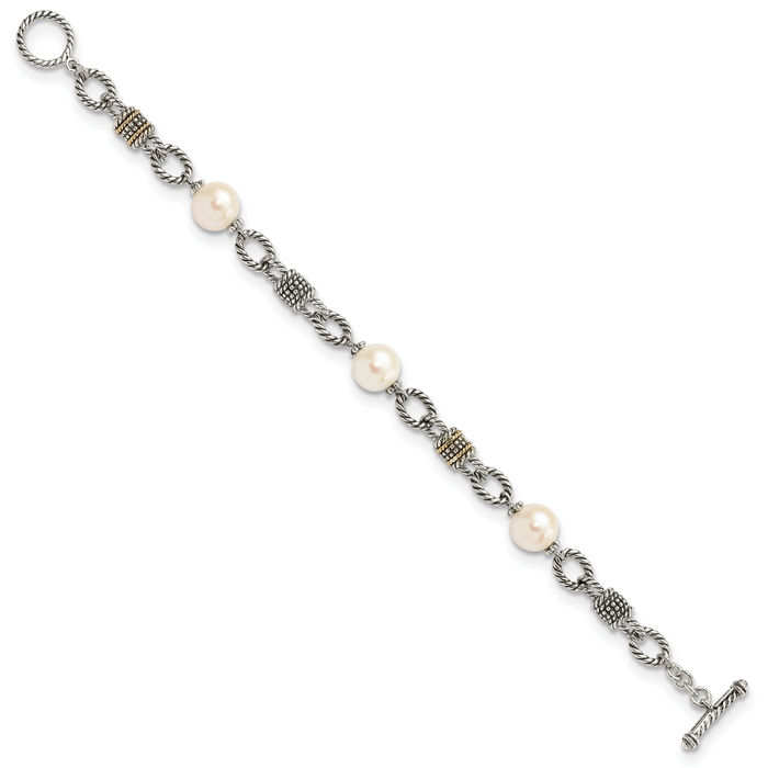 925 Sterling Silver Vintage 10mm Freshwater Cultured Pearl Chain Bracelet