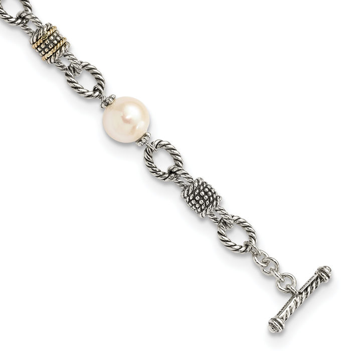 925 Sterling Silver Vintage 10mm Freshwater Cultured Pearl Chain Bracelet