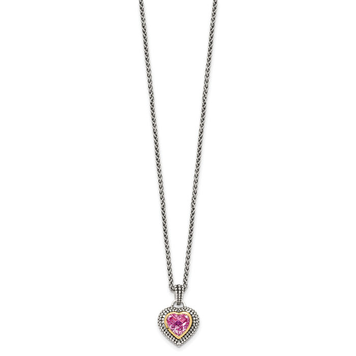 925 Sterling Silver Vintage Heart Lab Pink Sapphire Chain Necklace Gemstone Pendant Charm