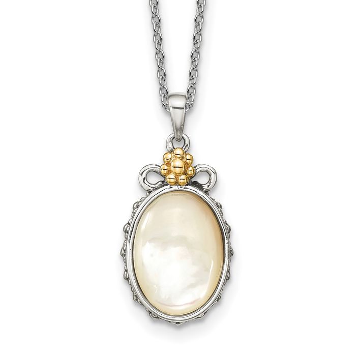 925 Sterling Silver Flower Oval Mother of Pearl Chain