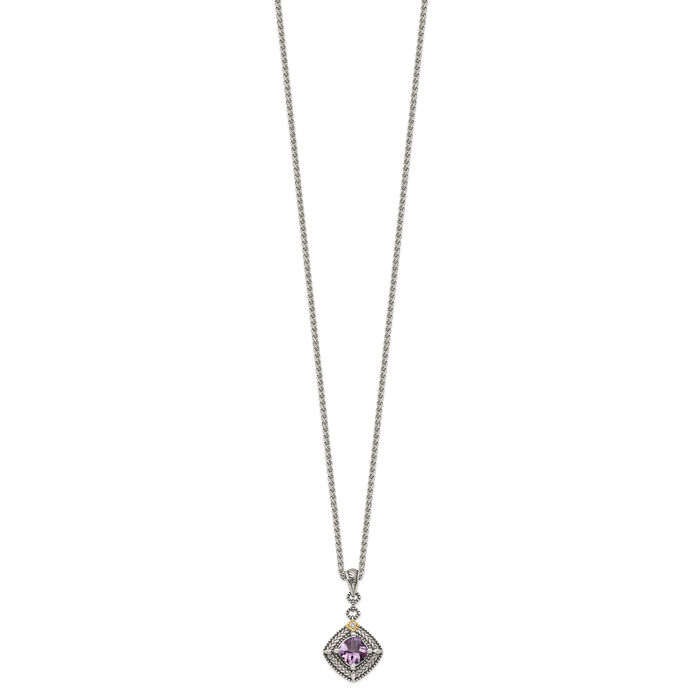 925 Sterling Silver Vintage Cushion-Cut Purple Amethyst Diamond Chain Necklace Gemstone Pendant Charm