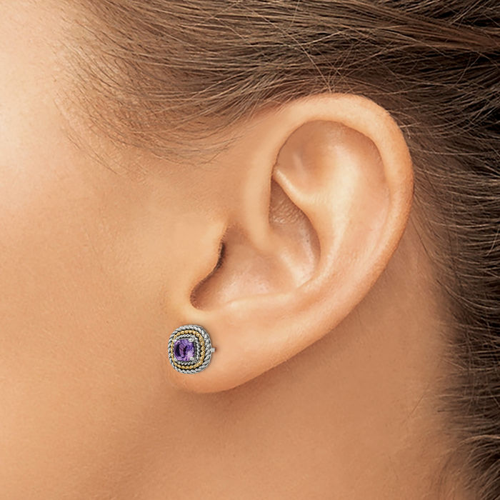 925 Sterling Silver Vintage Cushion-Cut Purple Amethyst Studs Gemstone Earrings