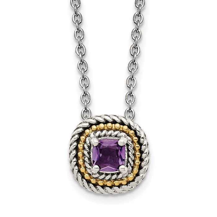 925 Sterling Silver Vintage Cushion-Cut Purple Amethyst Chain Necklace Gemstone Pendant Charm