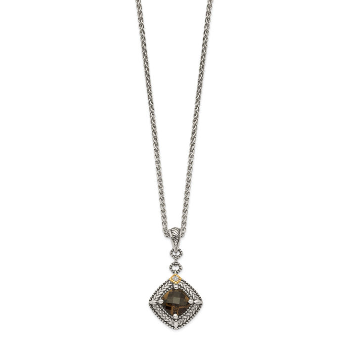 925 Sterling Silver Vintage Cushion-Cut Brown Smoky Quartz Diamond Dangling Chain Necklace Gemstone Pendant Charm