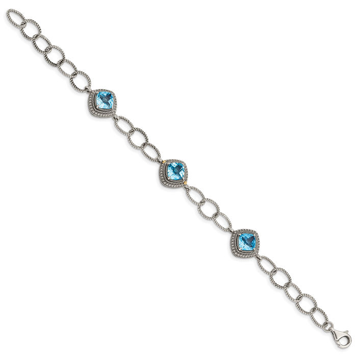 925 Sterling Silver Vintage Cushion-Cut Swiss Blue Topaz Chain Bracelet