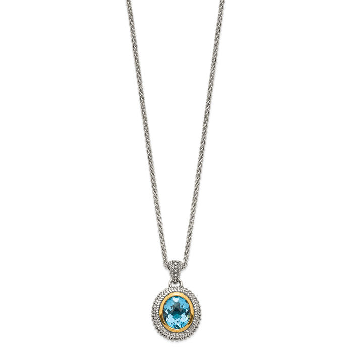 925 Sterling Silver Vintage Oval Swiss Blue Topaz Chain Necklace Gemstone Pendant Charm