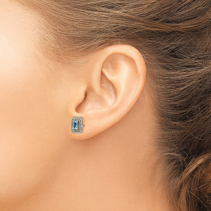 925 Sterling Silver Vintage Emerald-Cut Blue Topaz Studs Gemstone Earrings