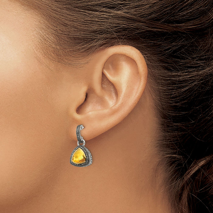 925 Sterling Silver Vintage Trillion Yellow Orange Citrine Drop Dangle Earrings Gemstone Post Push Back