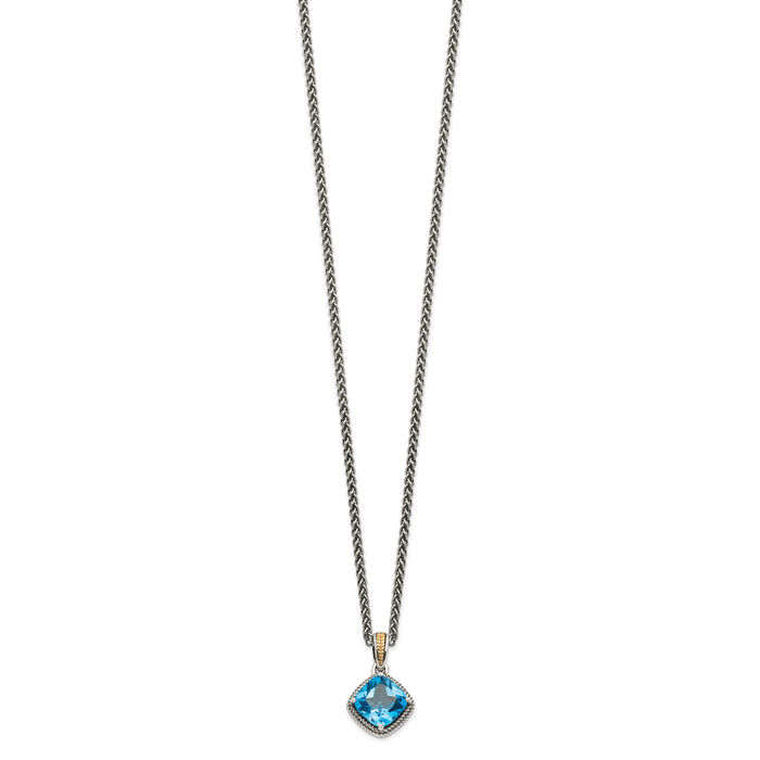 925 Sterling Silver Vintage Cushion-Cut Swiss Blue Topaz Chain Necklace Gemstone Pendant Charm