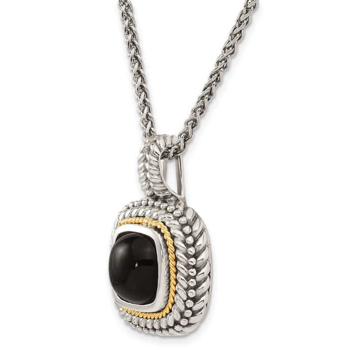 925 Sterling Silver Vintage Cabochon Black Onyx Chain Necklace Gemstone Pendant Charm