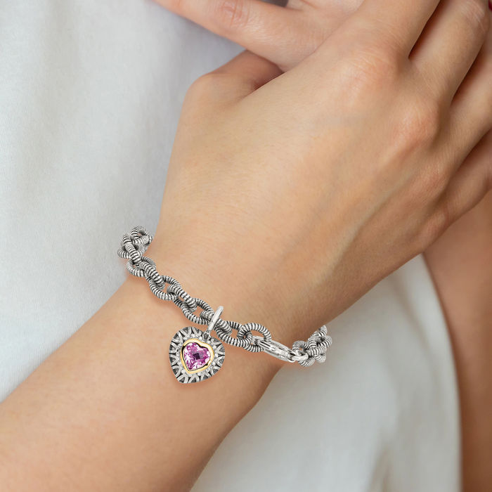 925 Sterling Silver Vintage Heart Lab Pink Sapphire Charm Bracelet