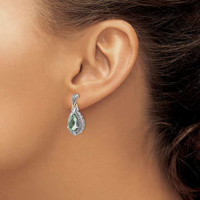 925 Sterling Silver Vintage Diamond Green Quartz Post Drop Dangle Earrings Pear Teardrop Gemstone