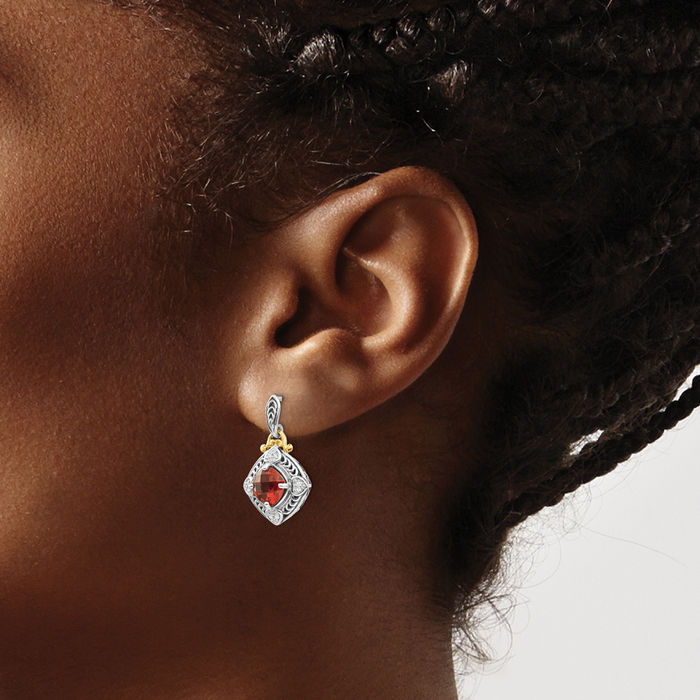 925 Sterling Silver Vintage Diamond Cushion-Cut Red Garnet Post Drop Dangle Earrings