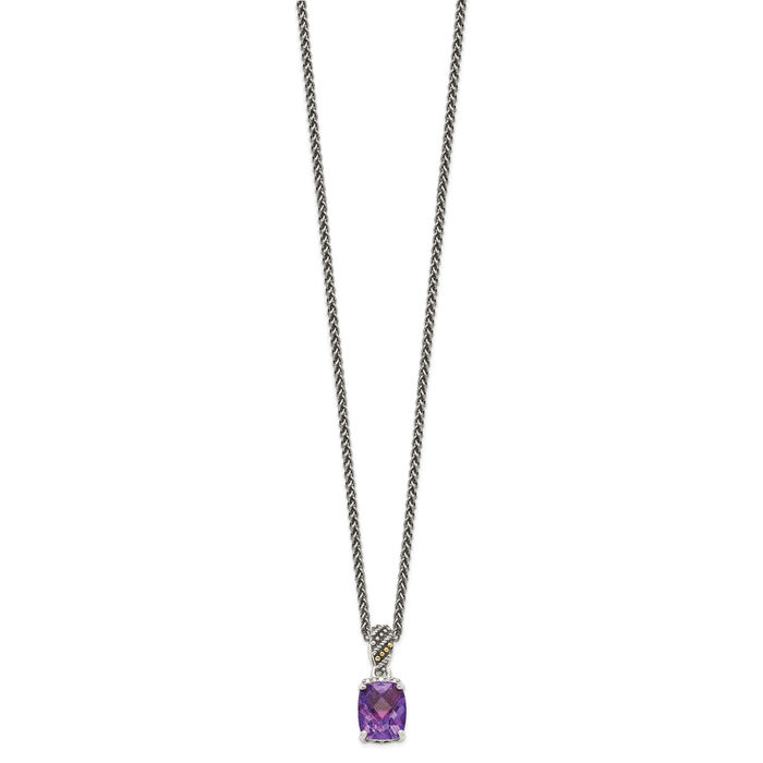 925 Sterling Silver Vintage Diamond Cut Cushion-Cut Purple Amethyst Chain Necklace Gemstone Pendant Charm