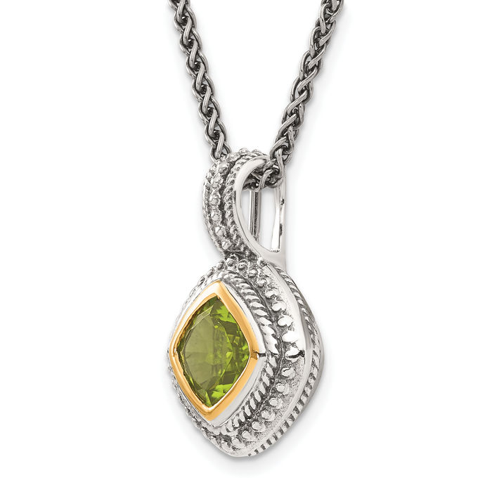 925 Sterling Silver Vintage Cushion-Cut Green Peridot Chain Necklace Gemstone Pendant Charm