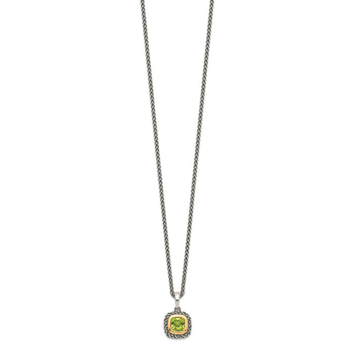 925 Sterling Silver Vintage Cushion-Cut Green Peridot Chain Necklace Gemstone Pendant Charm