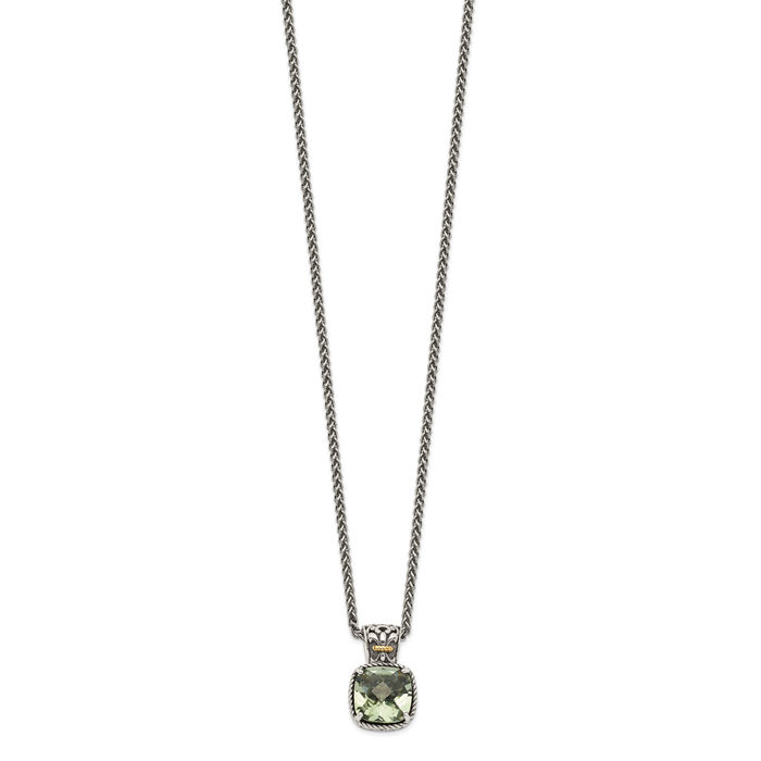 925 Sterling Silver Vintage Cushion-Cut Green Quartz Chain Necklace Gemstone Pendant Charm