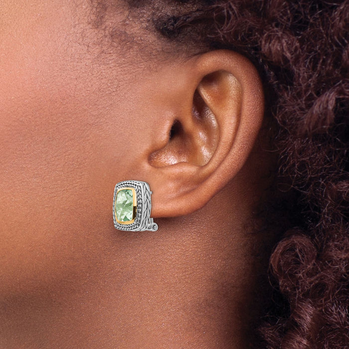 925 Sterling Silver Vintage Cushion-Cut Green Quartz Omega Clip Back Post Stud Earrings