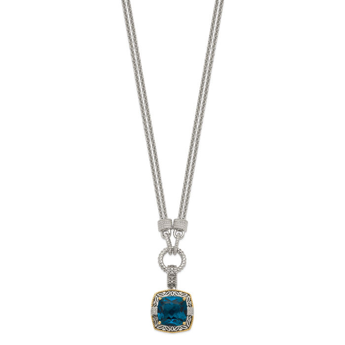 925 Sterling Silver Vintage Cushion-Cut London Blue Topaz Diamond Necklace Chain Gemstone Pendant Charm