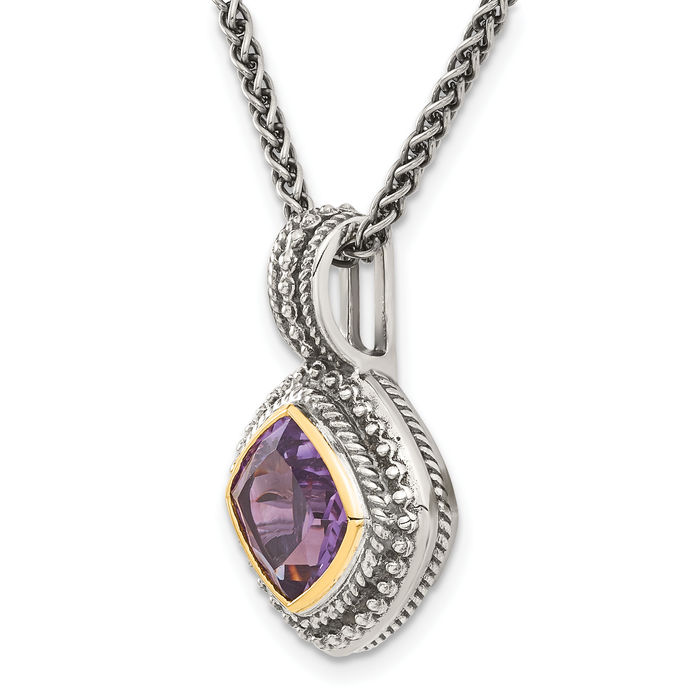 925 Sterling Silver Vintage Cushion-Cut Purple Amethyst Chain Necklace Gemstone Pendant Charm