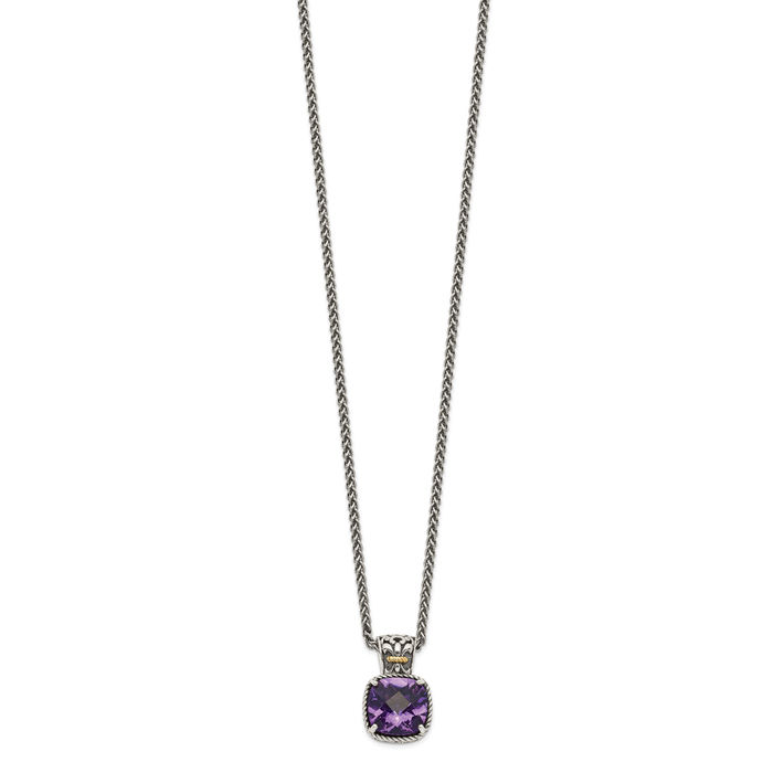 925 Sterling Silver Vintage Cushion-Cut Purple Amethyst Chain Necklace Gemstone Pendant Charm