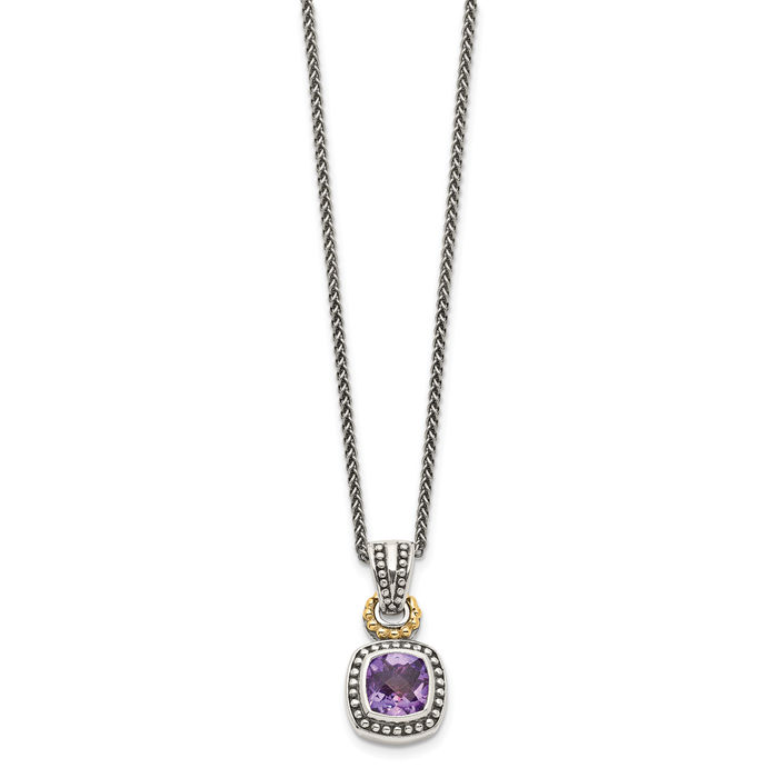 925 Sterling Silver Vintage Cushion-Cut Purple Amethyst Chain Necklace Gemstone Pendant Charm