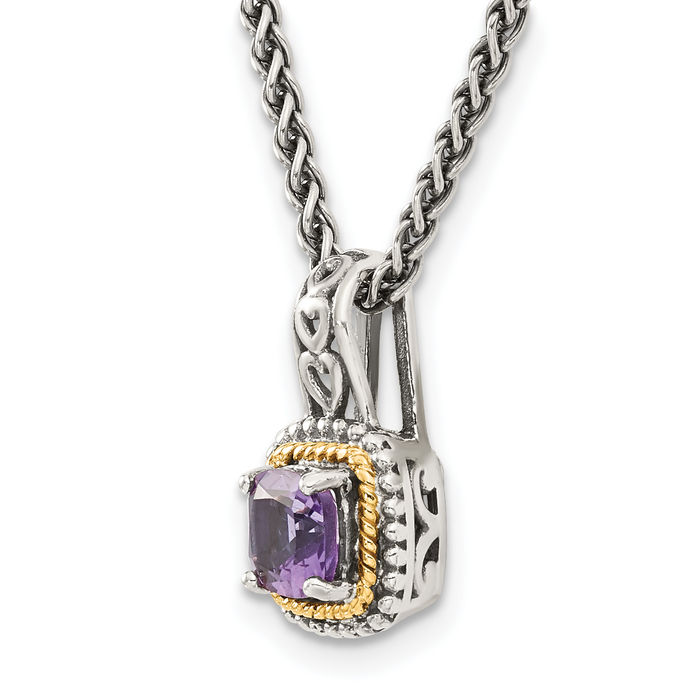 925 Sterling Silver Vintage Cushion-Cut Purple Amethyst Chain Necklace Gemstone Pendant Charm