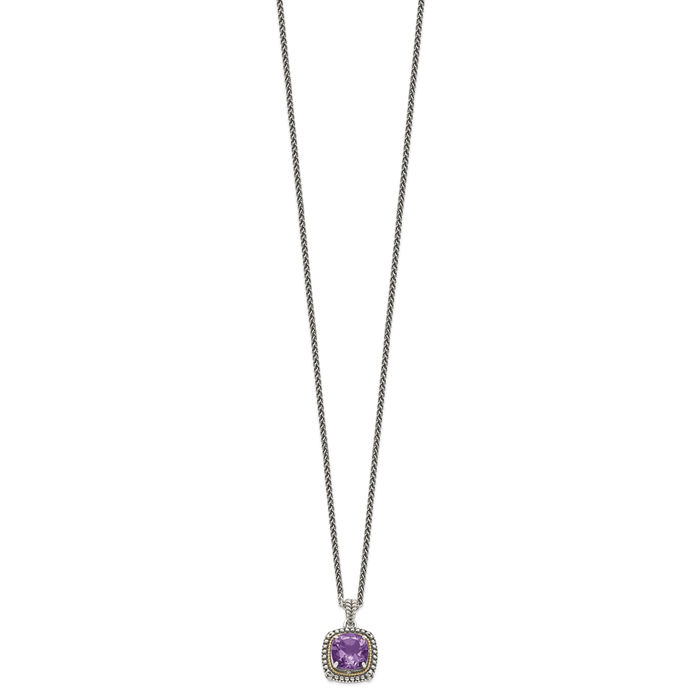 925 Sterling Silver Vintage Cushion-Cut Purple Amethyst Chain Necklace Gemstone Pendant Charm