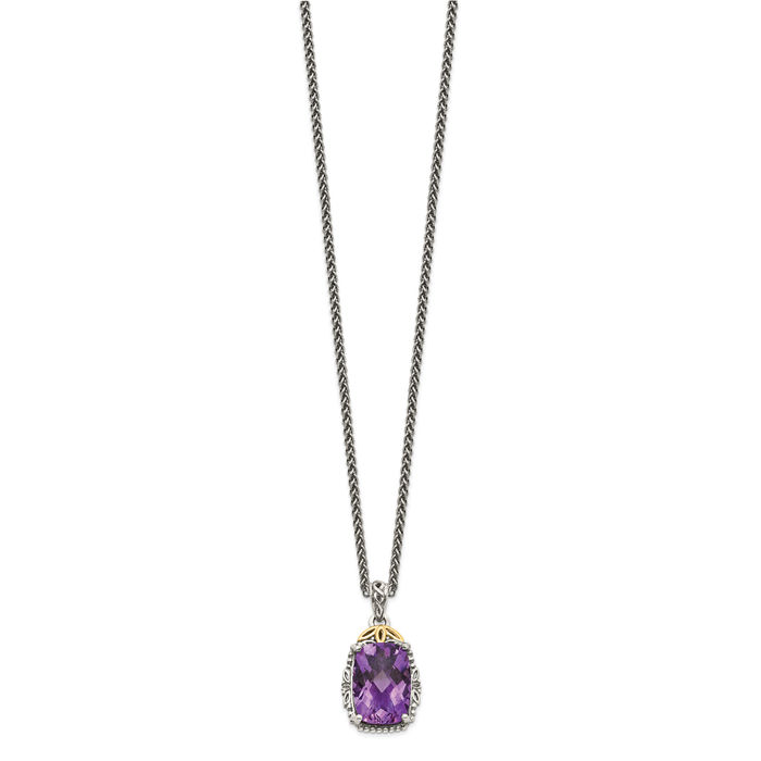 925 Sterling Silver Vintage Cushion-Cut Purple Amethyst Chain Necklace Gemstone Pendant Charm